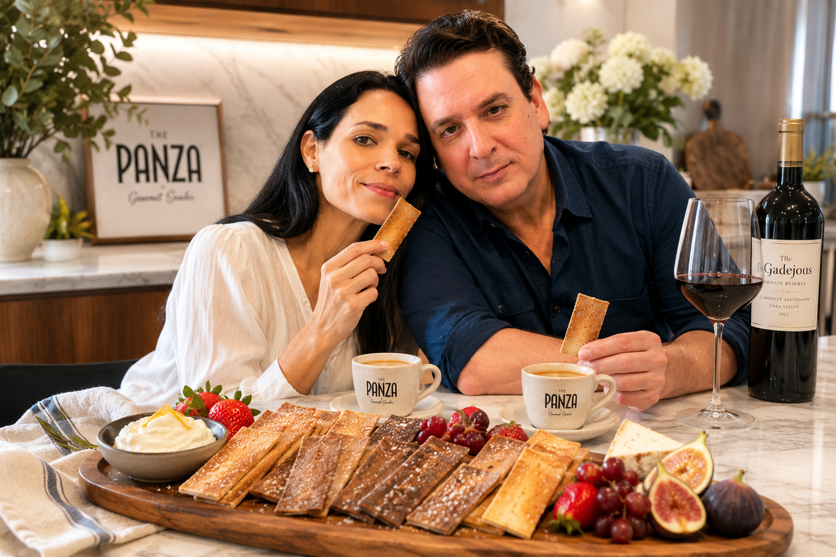 the panza cookies founder gianna and roberto sitting at a table with a charcuterie board and the Panza cookie products.