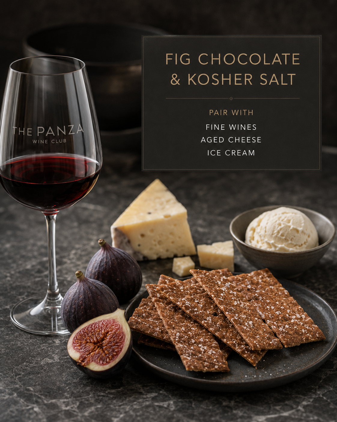 Glass of red wine with figs, cheese, and the panza cookies on a dark surface, featuring text about pairing with fine wines and aged cheese.