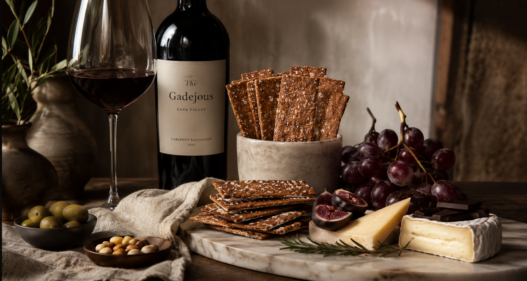 Wine bottle, crackers, cheese, grapes, and figs on a wooden table with a warm ambiance.