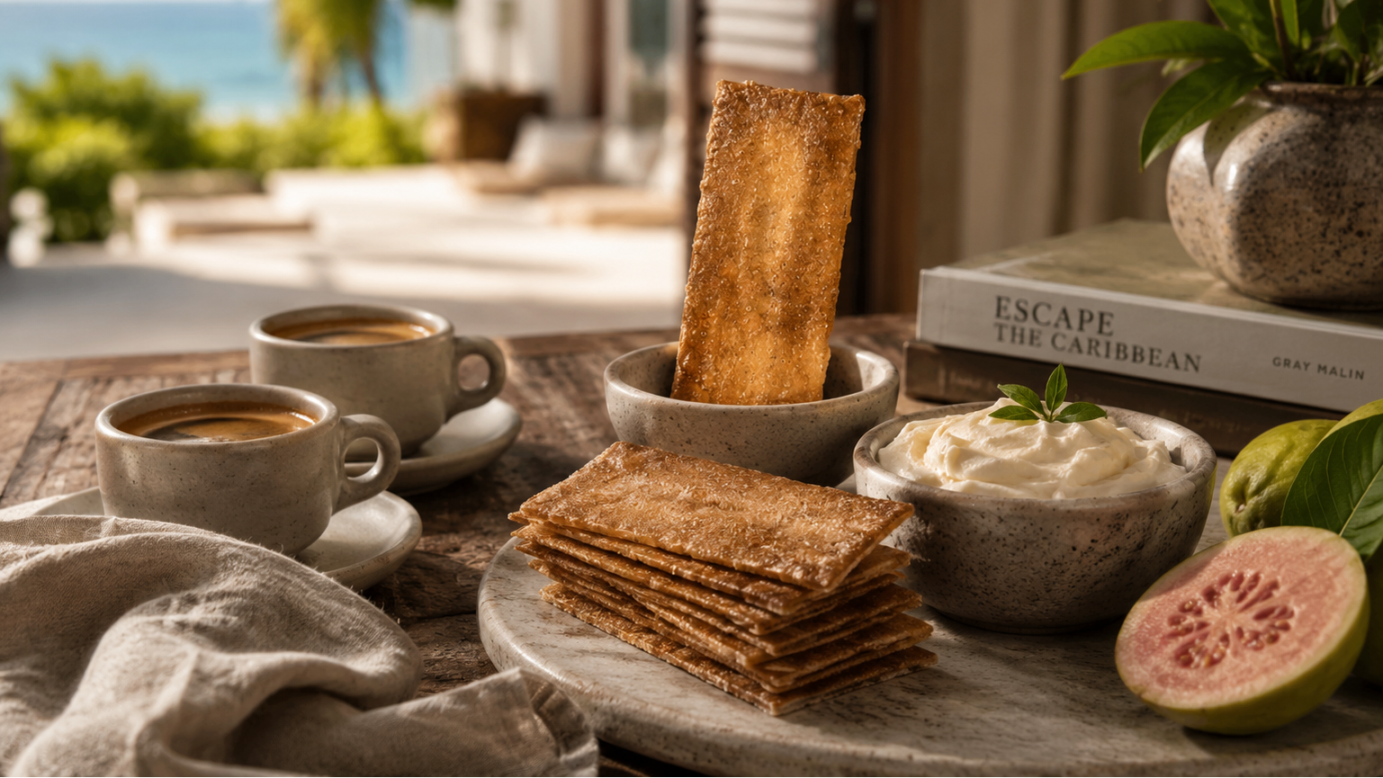 Table setting with coffee, the panza premium gourmet cookies, and guava in a coastal outdoor setting