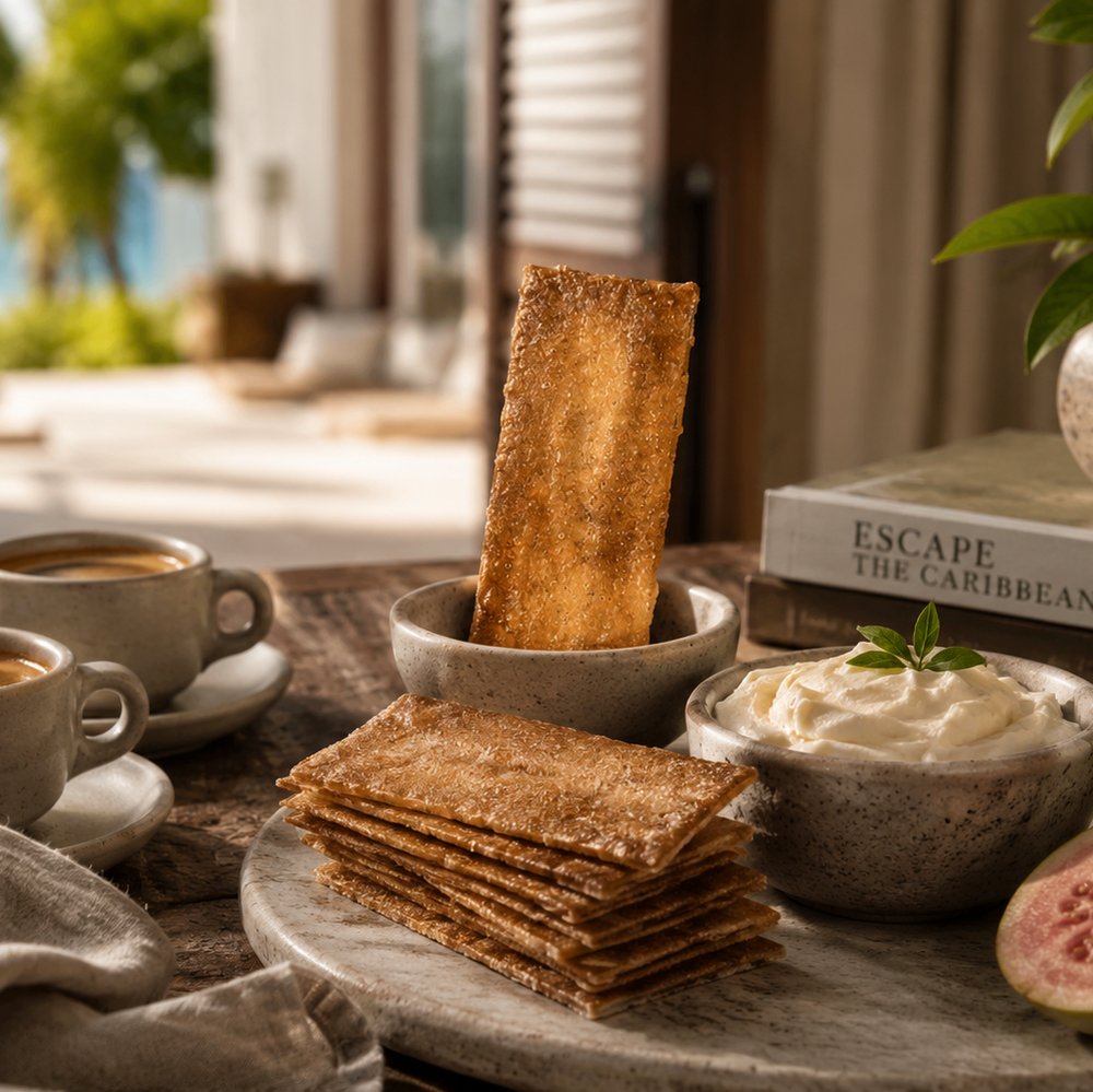 Table setting with coffee, crackers, and the panza cookie guava in a coastal outdoor setting