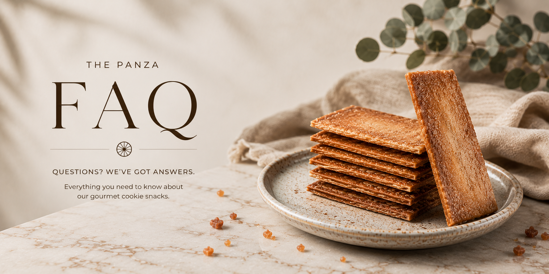 Stack of cookies on a plate with 'The Panza' branding and text about their FAQ.