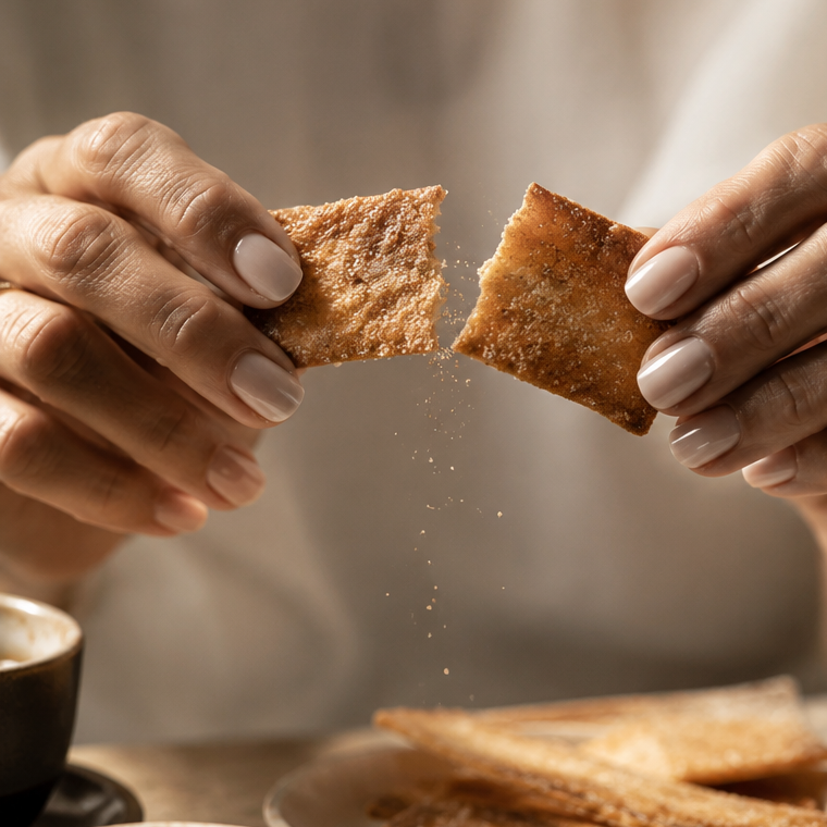 Two hands breaking apart a crispy the panza cookie with a blurred background