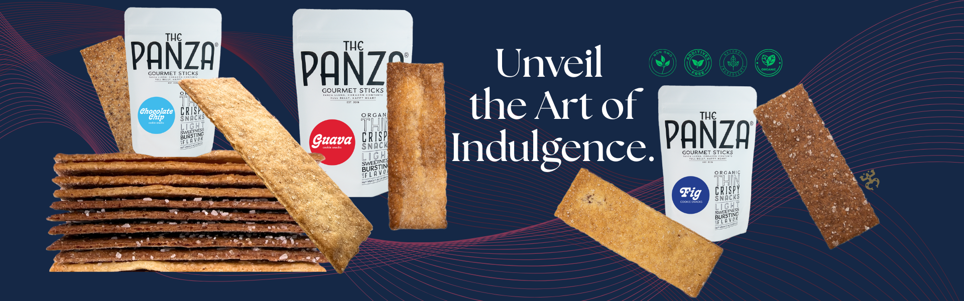 Panza crackers with packaging on a dark blue background